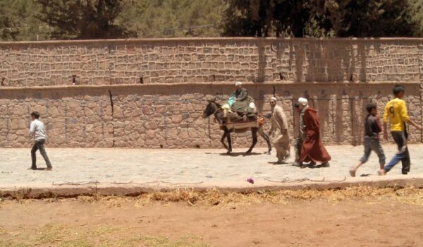 Menschen und ein Esel in Marokko auf dem Weg zum Souk